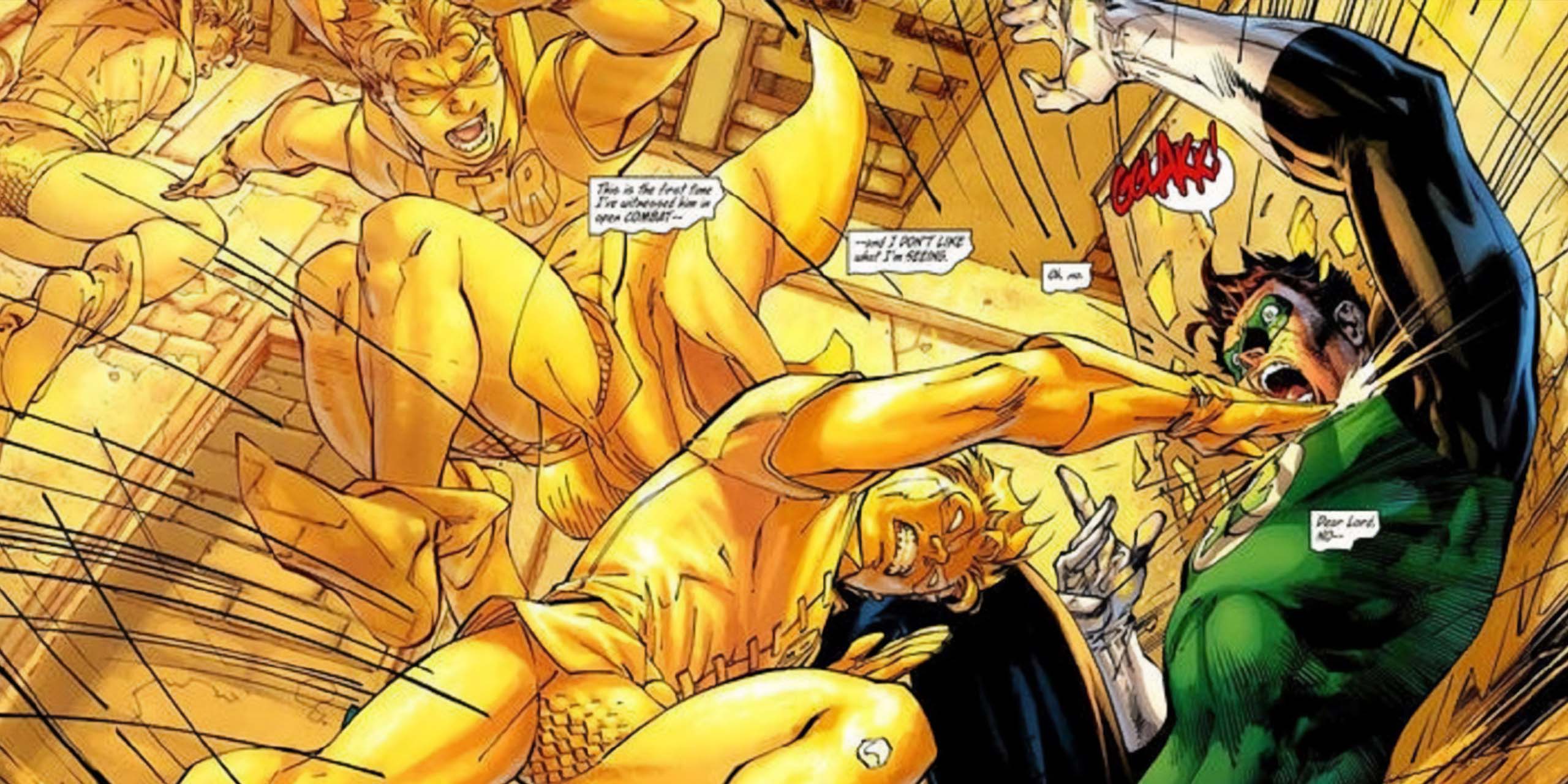 Robin en jaune fout la raclée au Green Lantern Hal Jordan dans une pièce entièrement peinte en jaune.