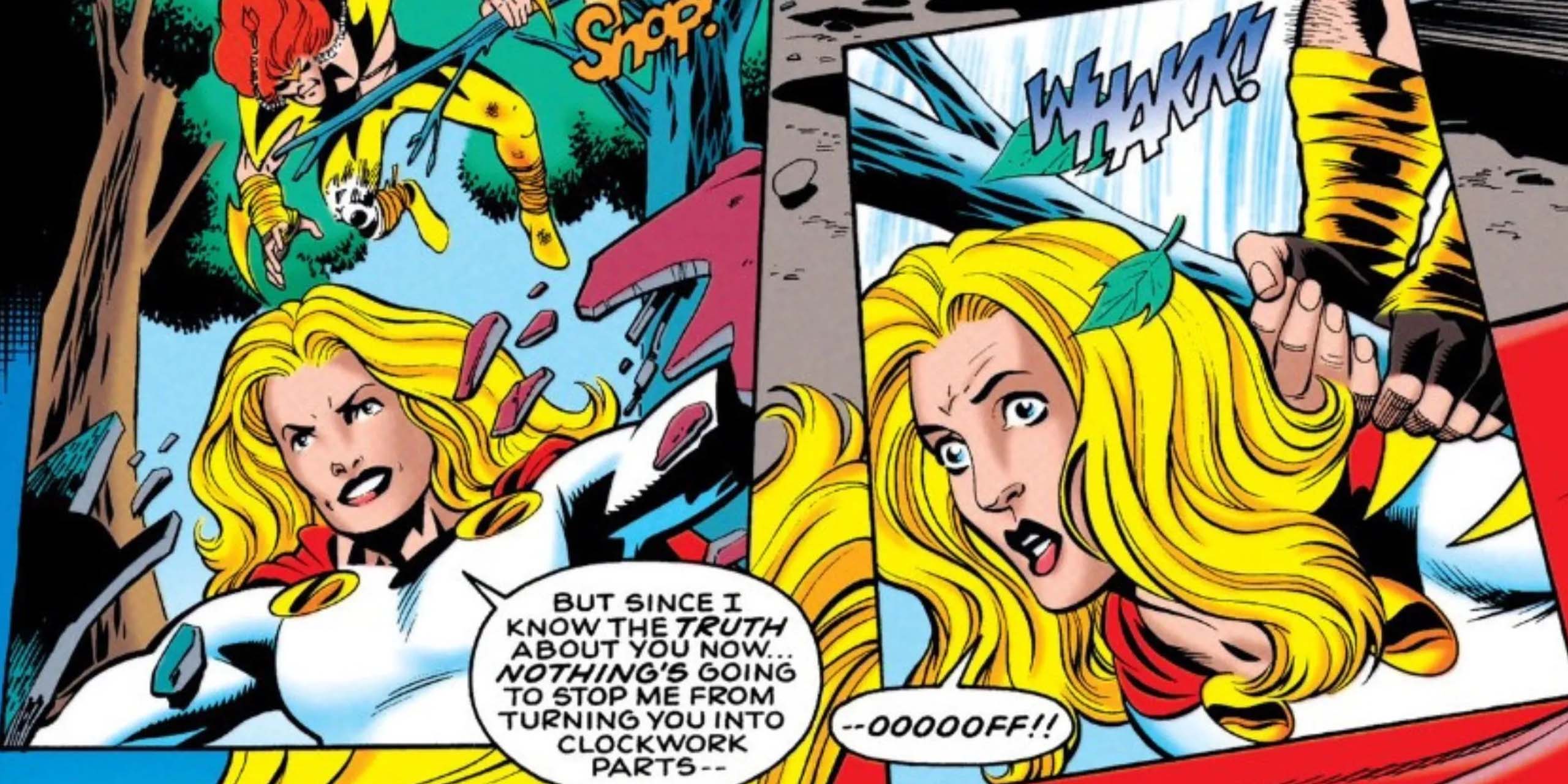La puissante Power-Girl mise KO par un morceau de bois dans les comics DC.