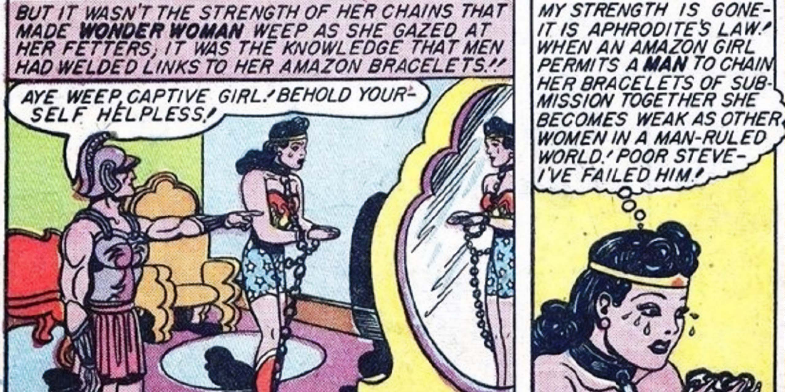 Extrait des premiers numéros de Wonder Woman, alors qu'il suffisait qu'un homme lui attache les poignets pour qu'elle perde ses pouvoirs.