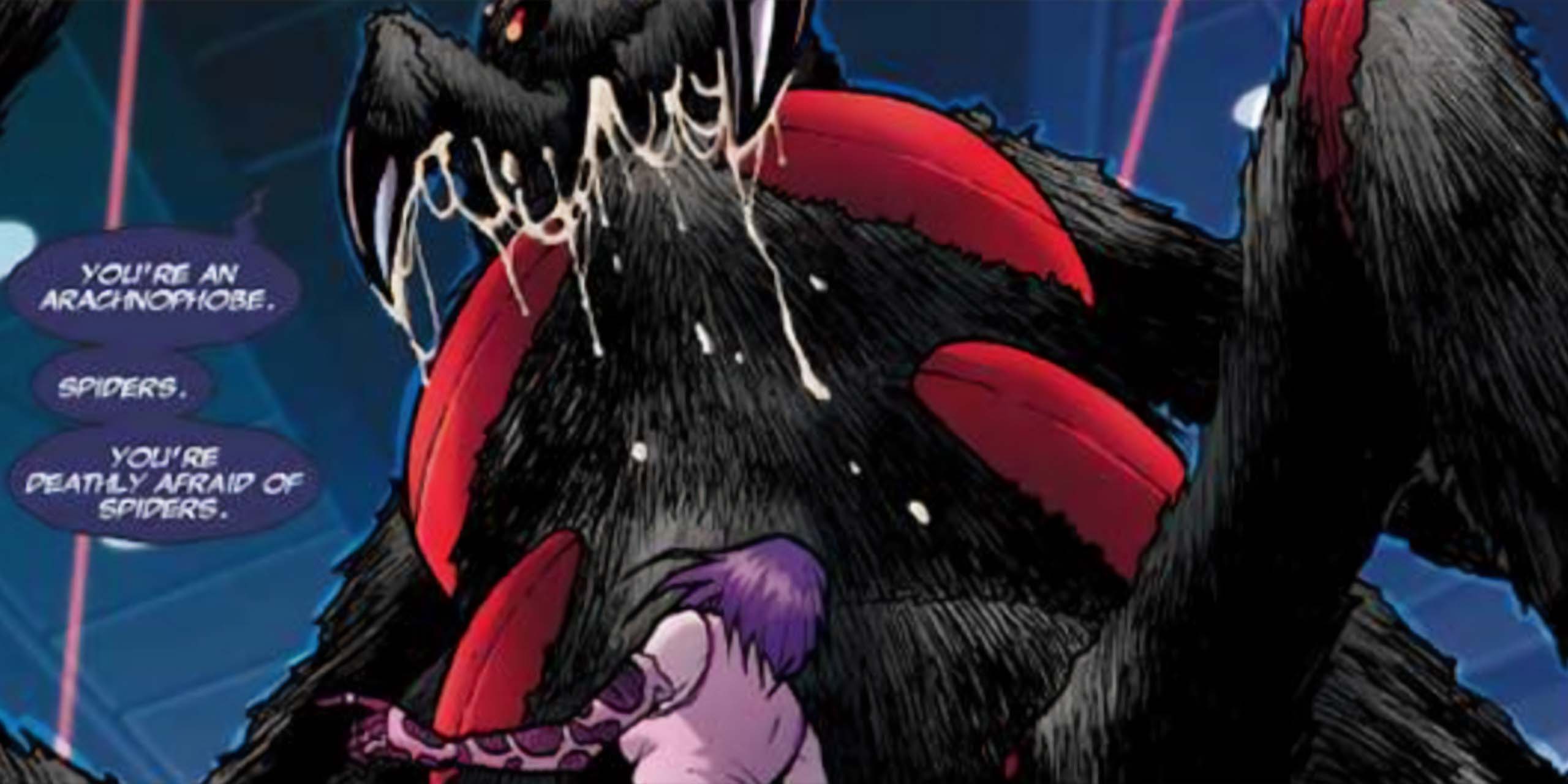Armory face à une araignée géante, sa plus grande phobie, dans les comics Marvel.