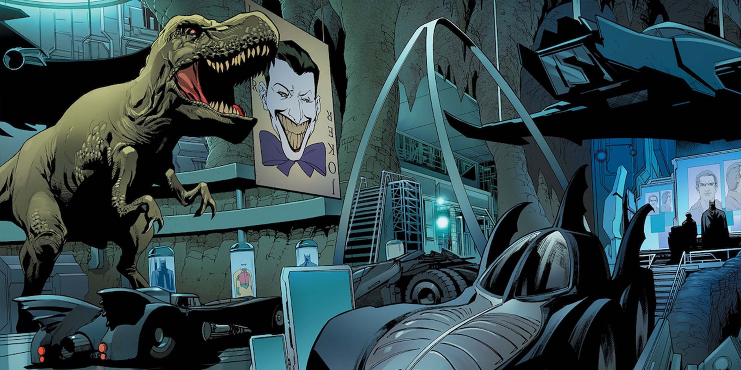 La batcave et ses trophées de Batman, dont le fameux Tyrannosaure rex géant.