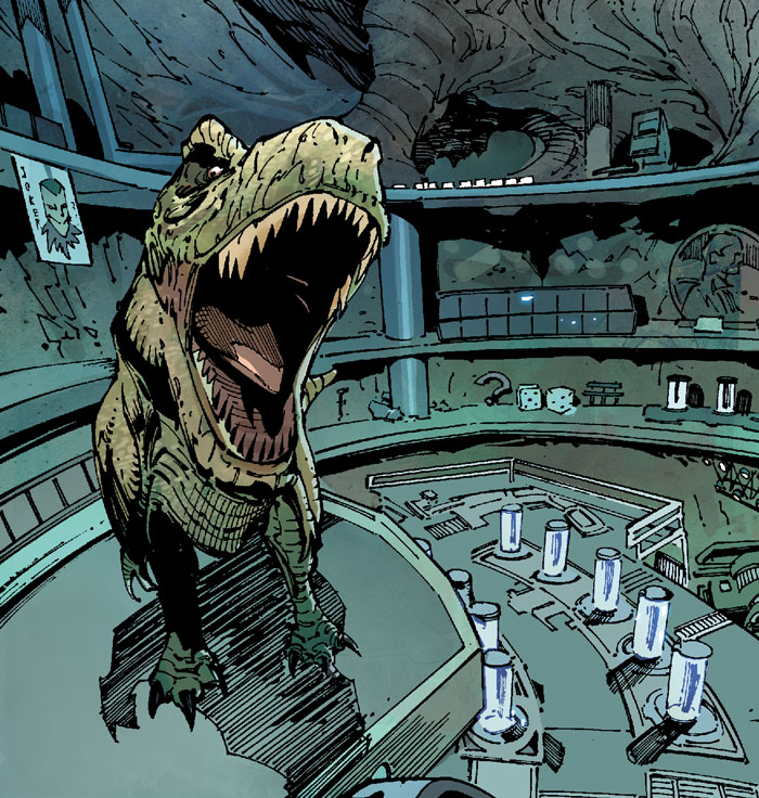 Le fameux Tyrannosaure rex grandeur nature dans la batcave, dans les comics Barman.