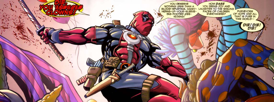Deadpool contre des clowns dans les comics Marvel.
