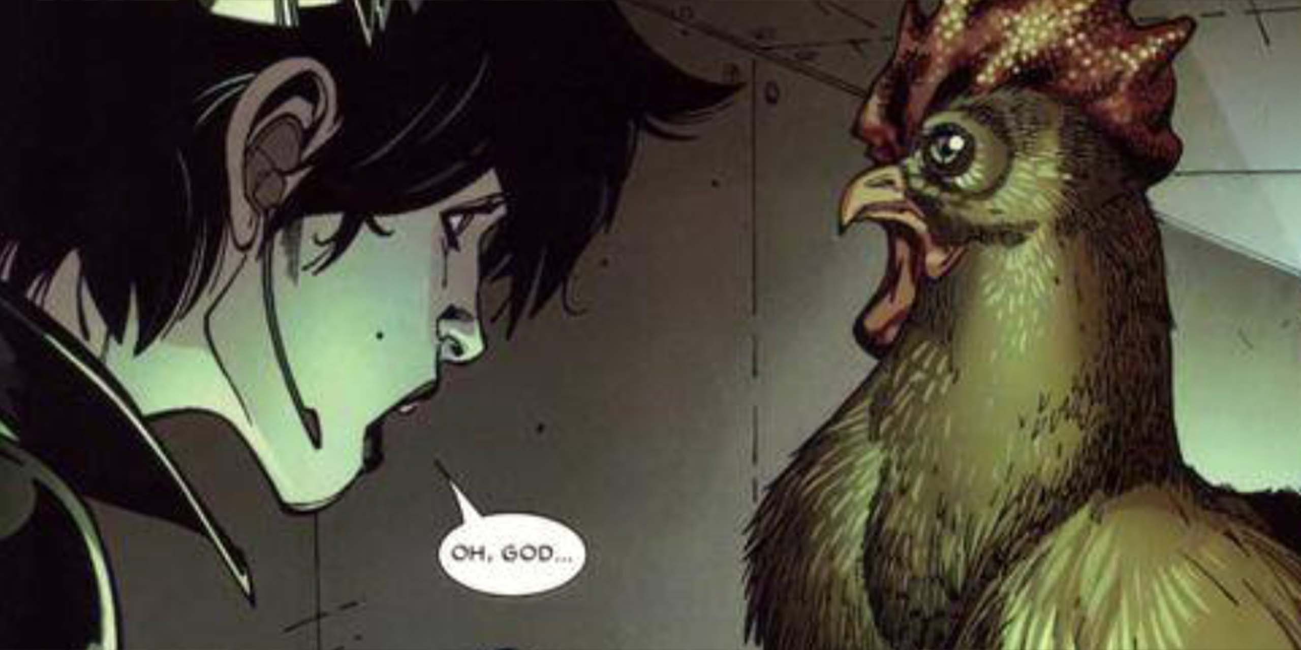 Domino face à une poule, sa plus grande phobie, dans les comics Marvel.