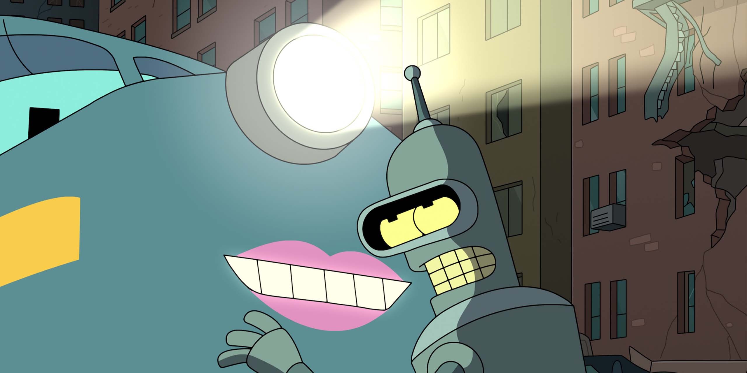 Bender fait un câlin à une locomotive dans Futurama.