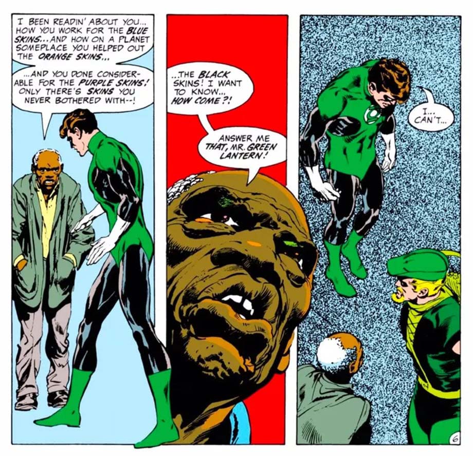 Hal Jordan face à un homme noir qui lui reproche d’avoir ignoré les injustices raciales sur Terre dans Green Lantern #76.