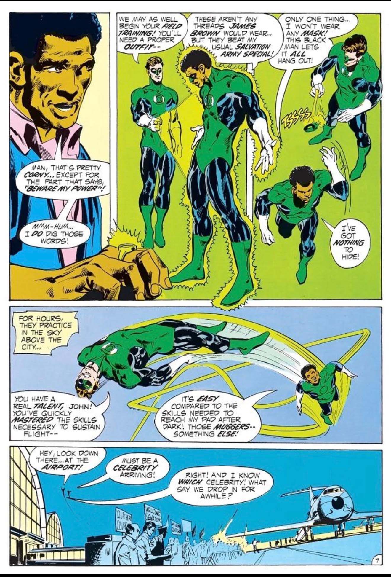 Hal Jordan entraîne John Stewart pour ses débuts comme Green Lantern dans Green Lantern #87.