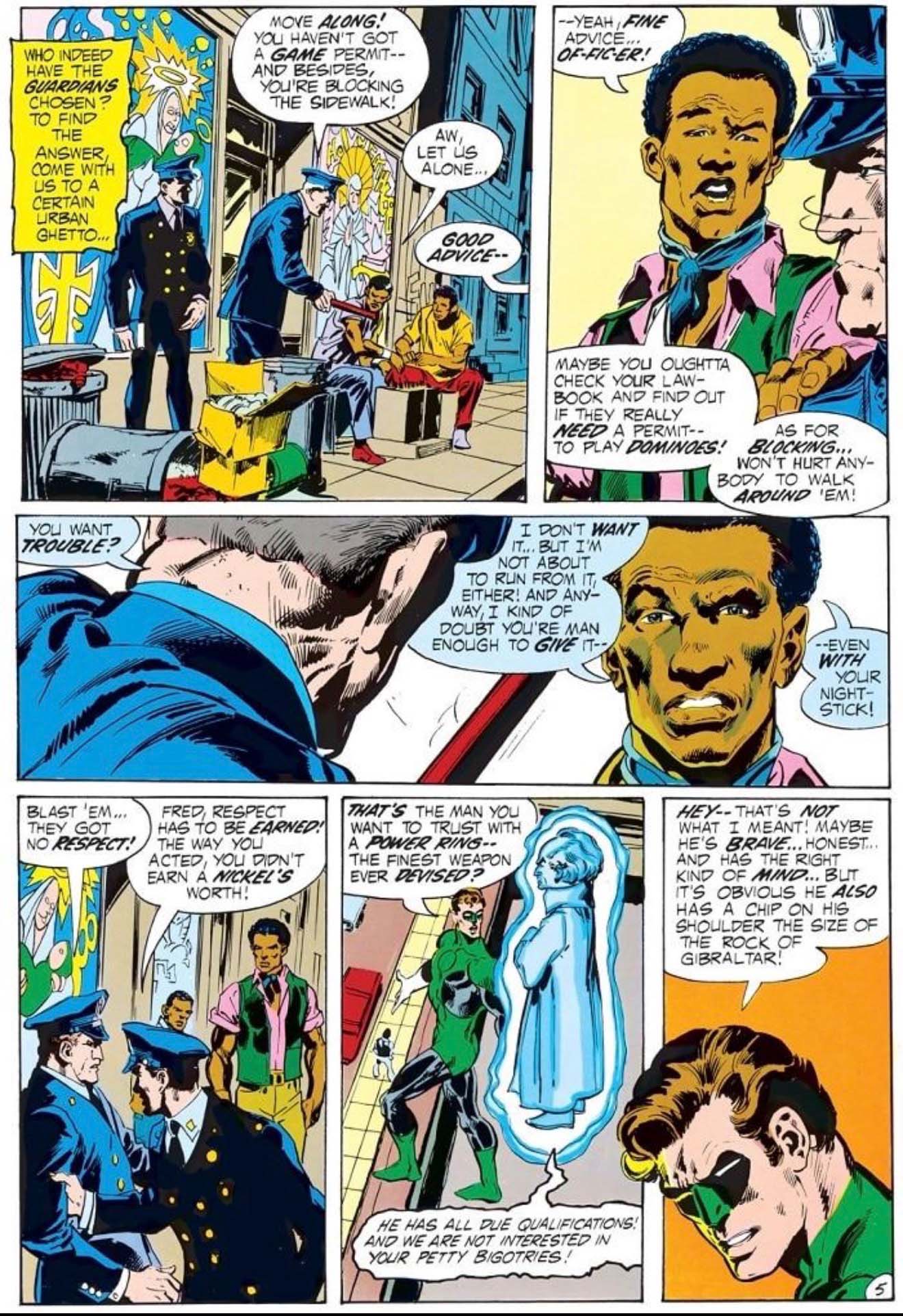 John Stewart tenant tête à des policiers sous le regard de Hal Jordan, avant qu’un Gardien reproche à ce dernier ses préjugés, dans Green Lantern #87.