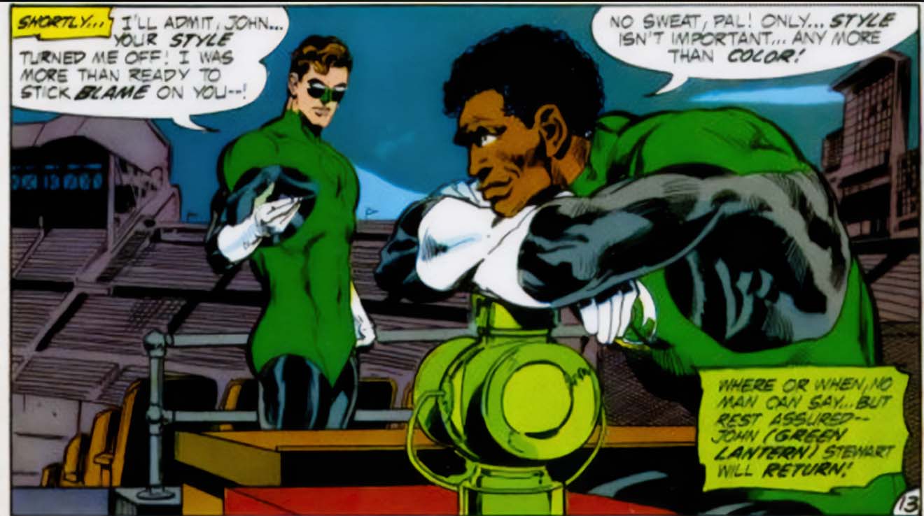 Hal Jordan reconnaît la valeur de John Stewart après sa première mission de Green Lantern dans Green Lantern #87.