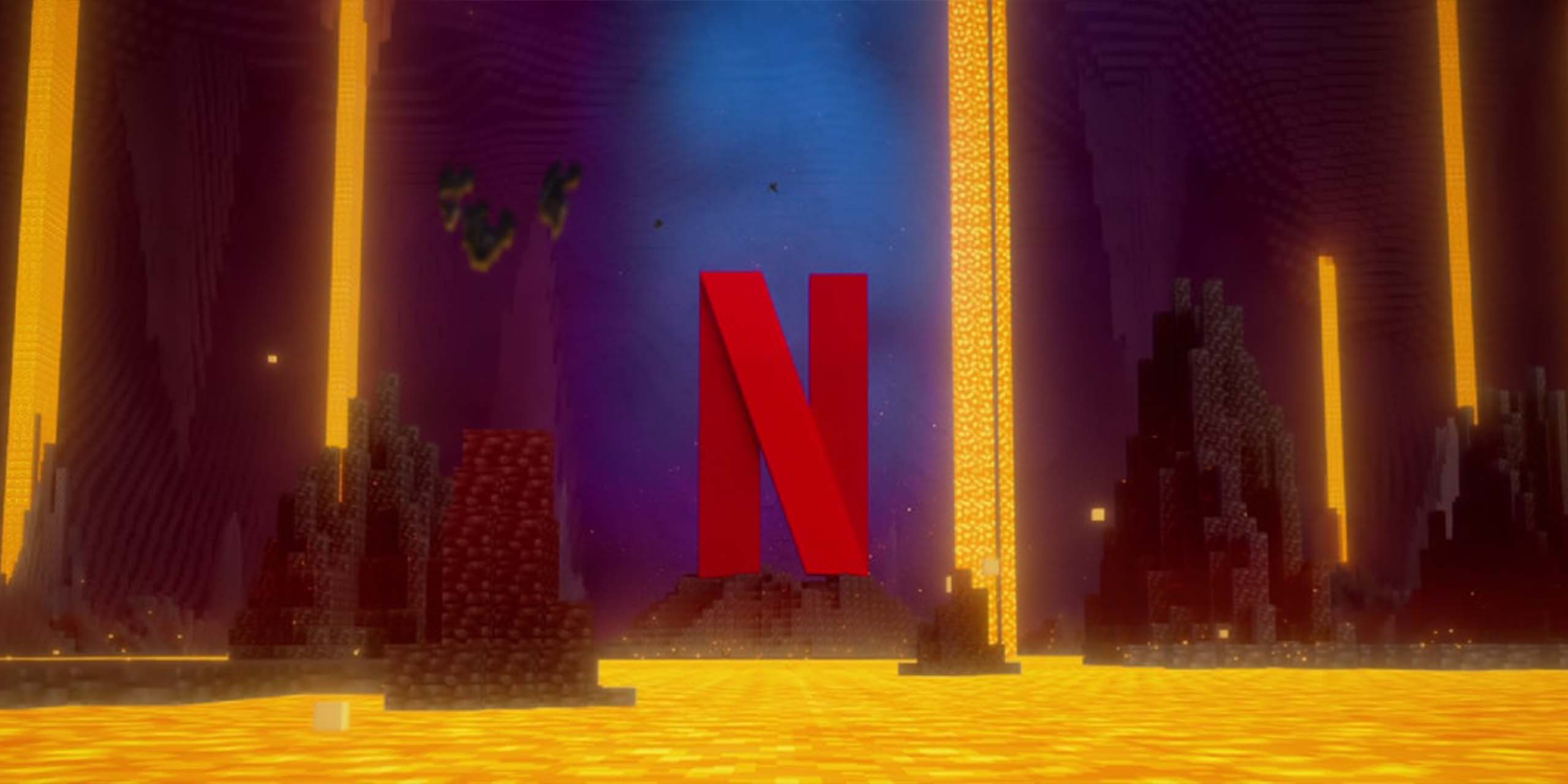 Le logo Netflix au milieu d'un paysage de lave dans l'univers de Minecraft.