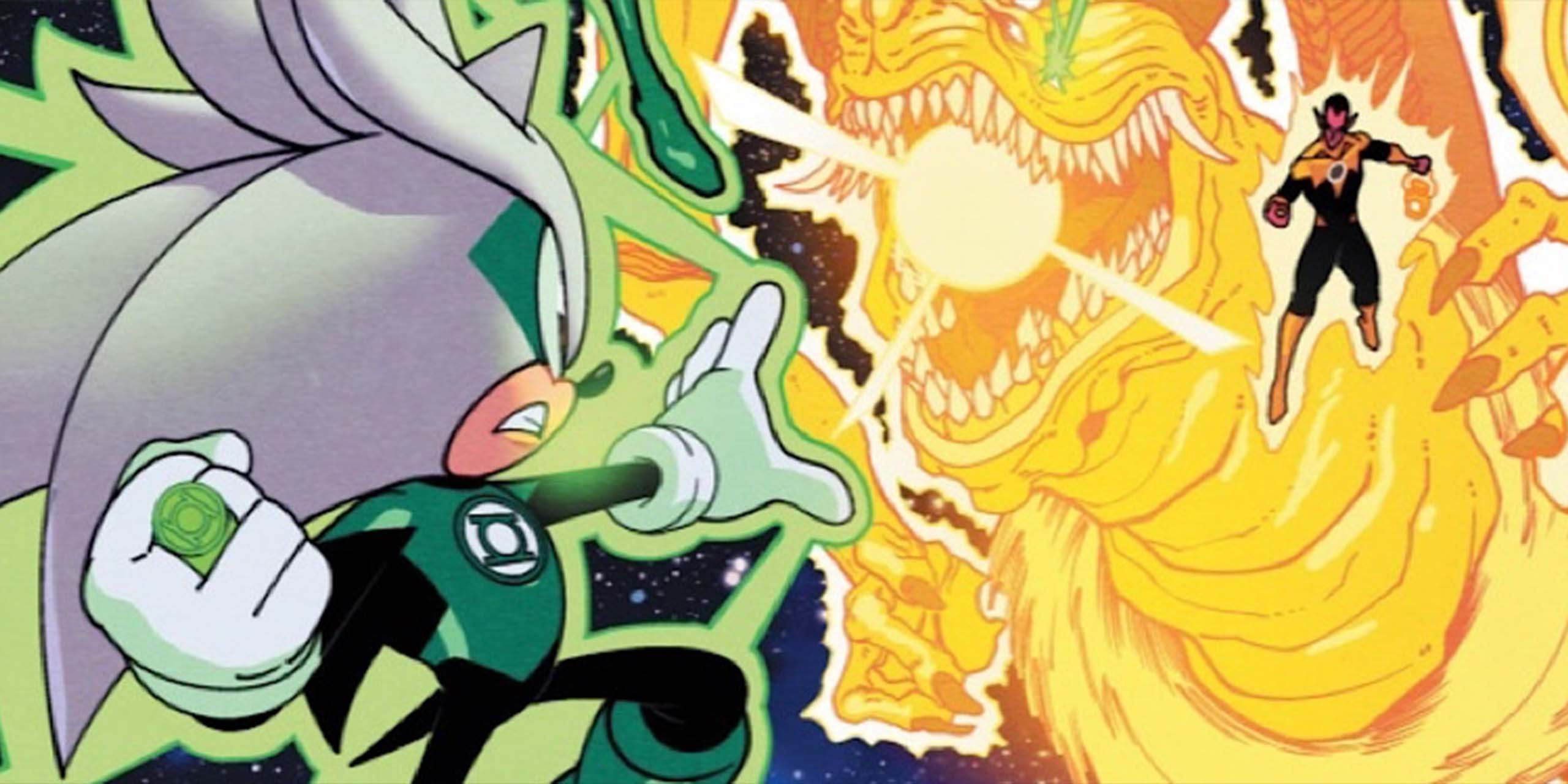 Silver the Hedgehog combat Sinestro en tant que Green Lantern dans DC x Sonic the Hedgehog #3.