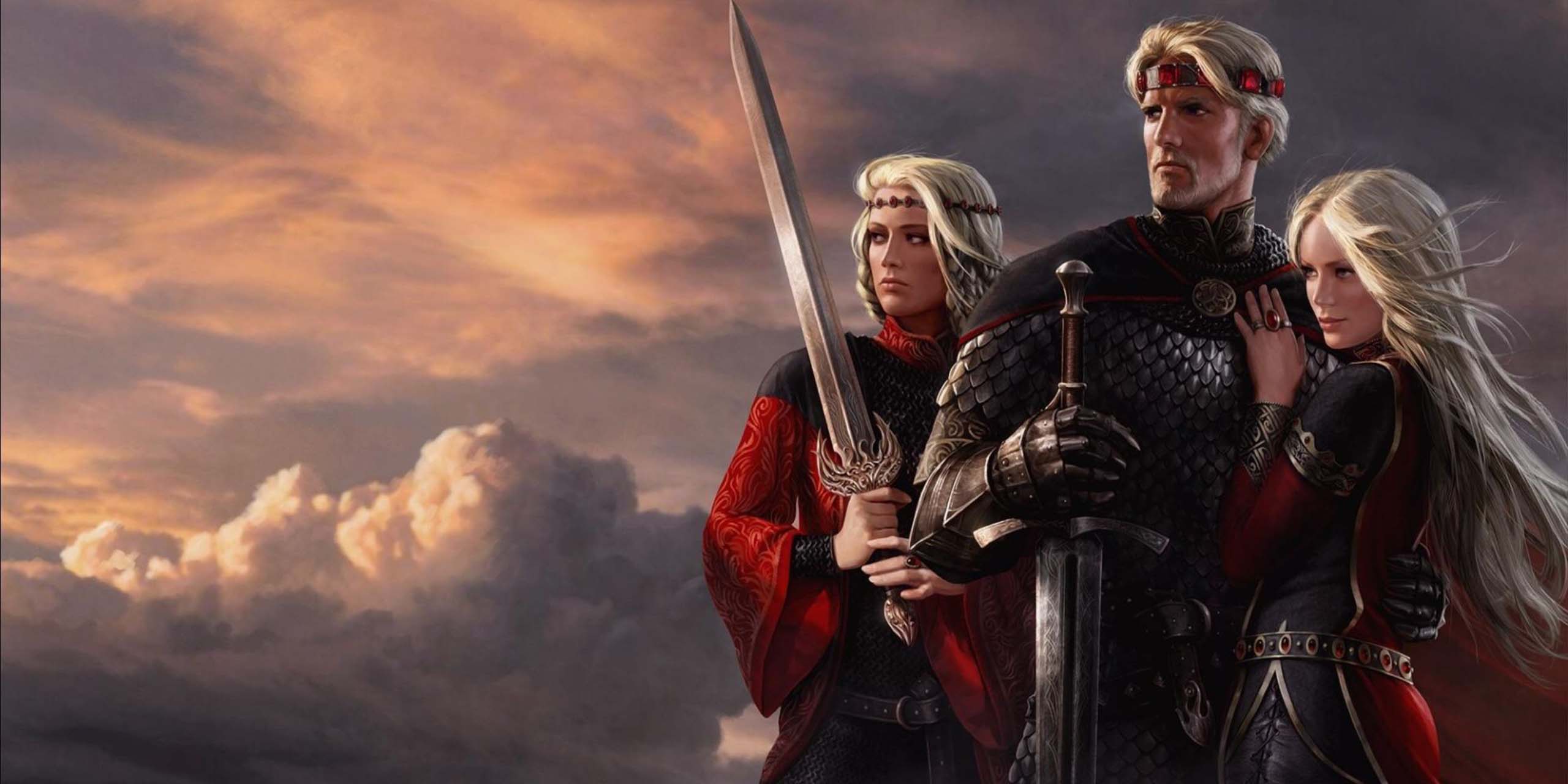 Illustration de Visenya, Rhaenys et Aegon le conquérant dans De Feu et de Sang.