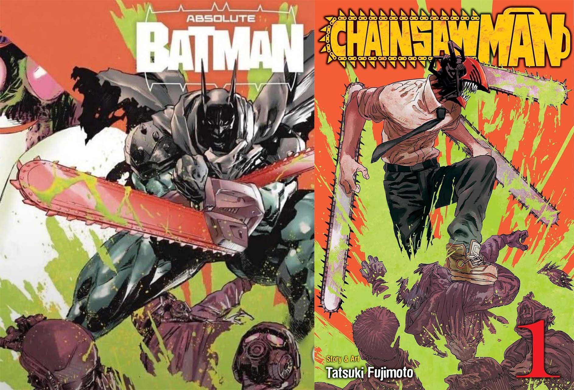 Couverture d'Absolute Batman par Clay Mann rendant hommage à celle de Chainsaw Man de Tatsuki Fujimoto.