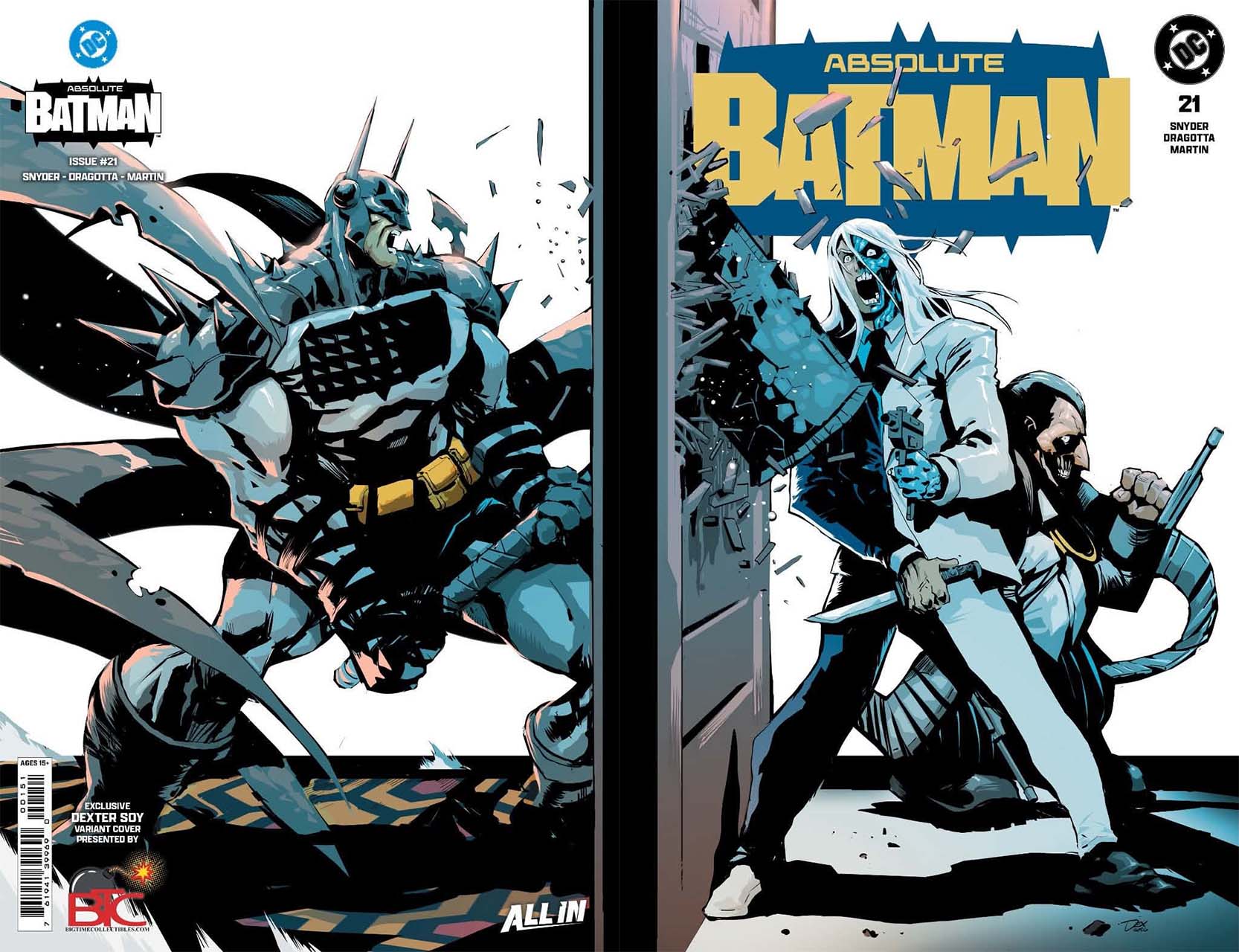 Couverture d'Absolute Batman #21 par Dexter Soy rendant hommage à la scène culte du film Shining de Stanley Kubrick.