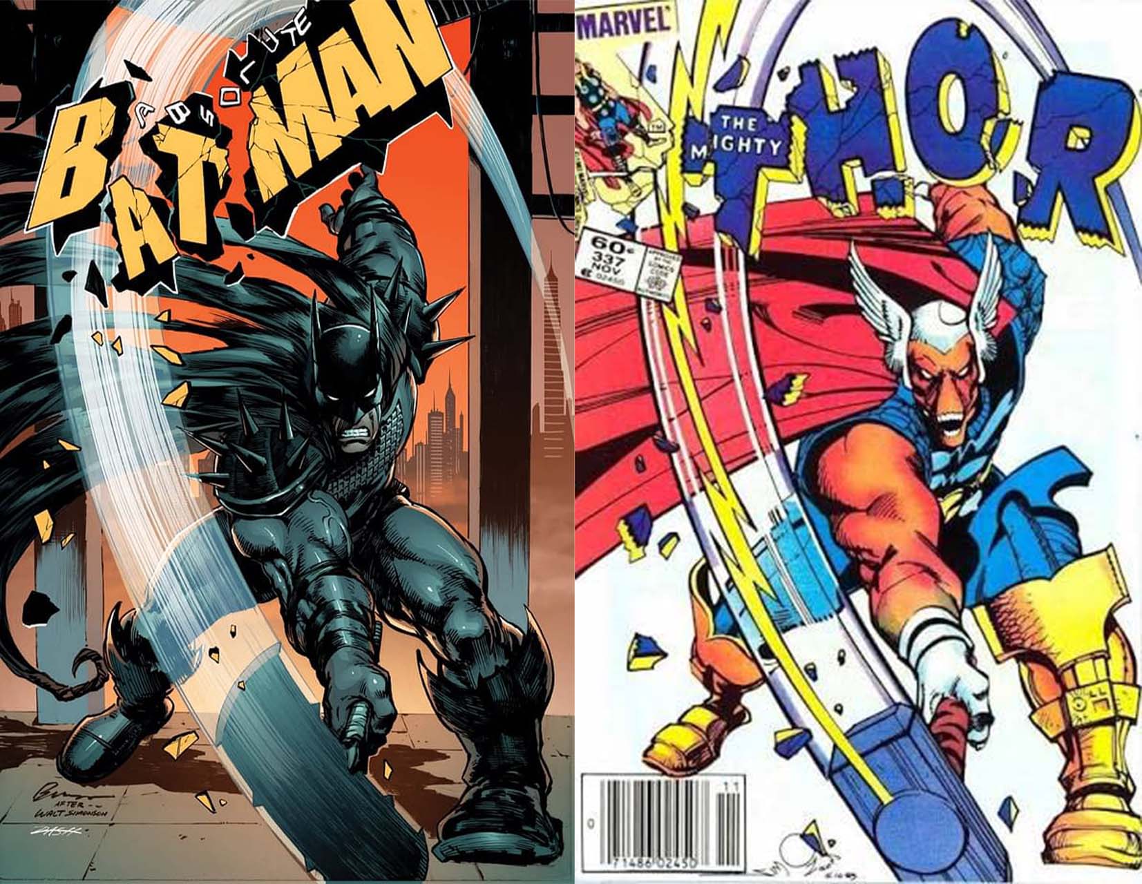 Couverture d'Absolute Batman dessinée par Aldrin Aw rendant hommage à celle de Thor #337 de Walter Simonson.