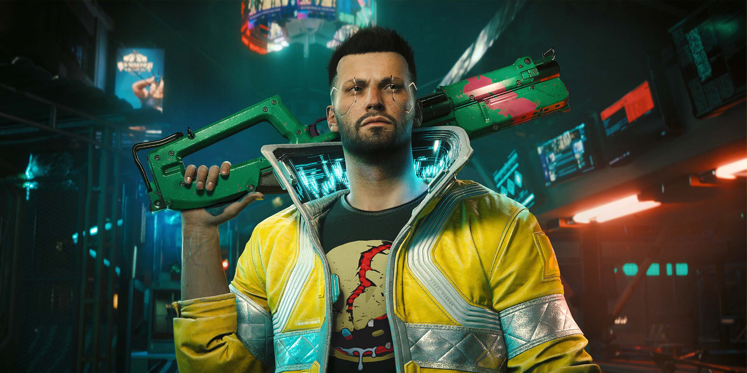 V avec son arme sur l'épaule dans le jeu Cyberpunk 2077.