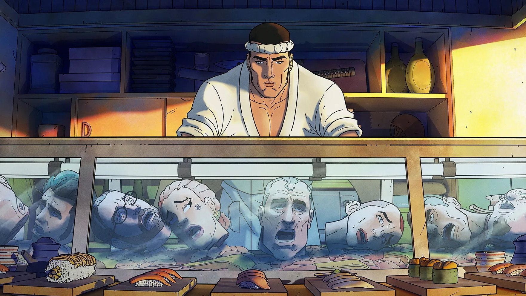 Jiro derrière le comptoir du restaurant dans la série animée Get Jiro.