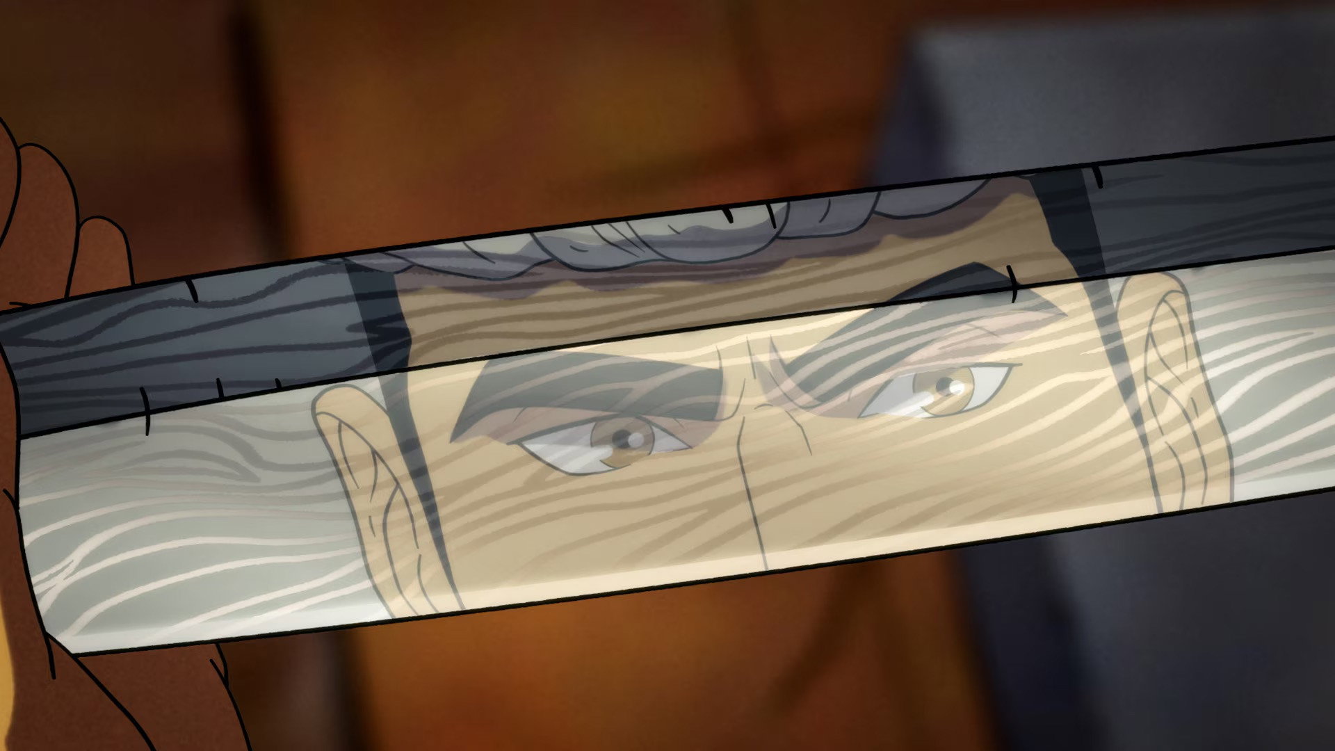 Jiro observe son propre reflet dans la lame de son couteau dans la série animée Get Jiro.