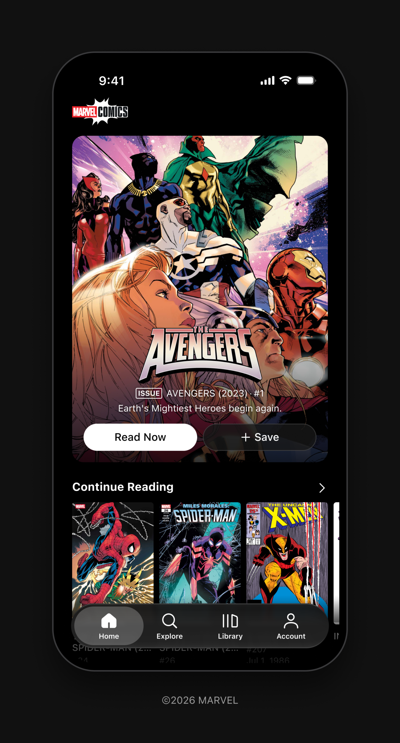 Page d'accueil de l'application Marvel Comics avec WEBTOON.
