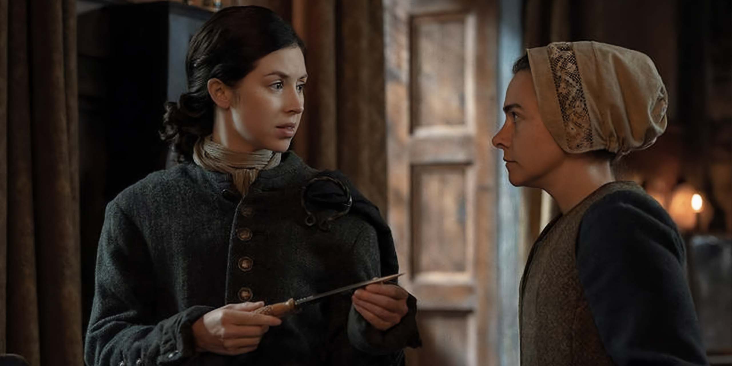 Hermione Corfield (Julia Beauchamp), Sara Vickers (Davina Porter) dans Outlander : Blood of My Blood saison 2.