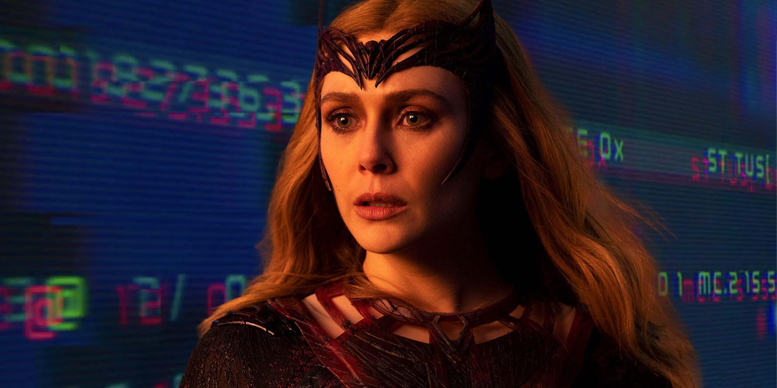 Wanda Maximoff (Elizabeth Olsen) en Sorcière Rouge devant un fond de code informatique évoquant les indices cachés de VisionQuest.